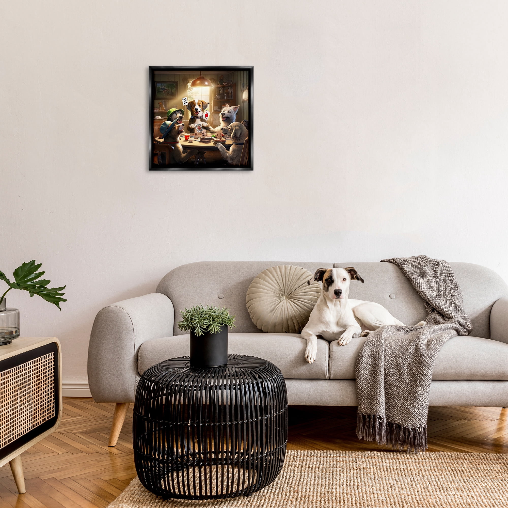 Stupell Industries Dogs & Magic Tricks Animals & Insects Painting Black Floater Framed Canvas Art Print Wall Art, 25 x 25