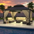 thumbnail image 2 of ALAULM 12'x14' Hardtop Gazebo, Galvanized Metal Double Roof with Brown Netting & Curtains, Sunshade for Patio, Backyard & Deck, 2 of 7