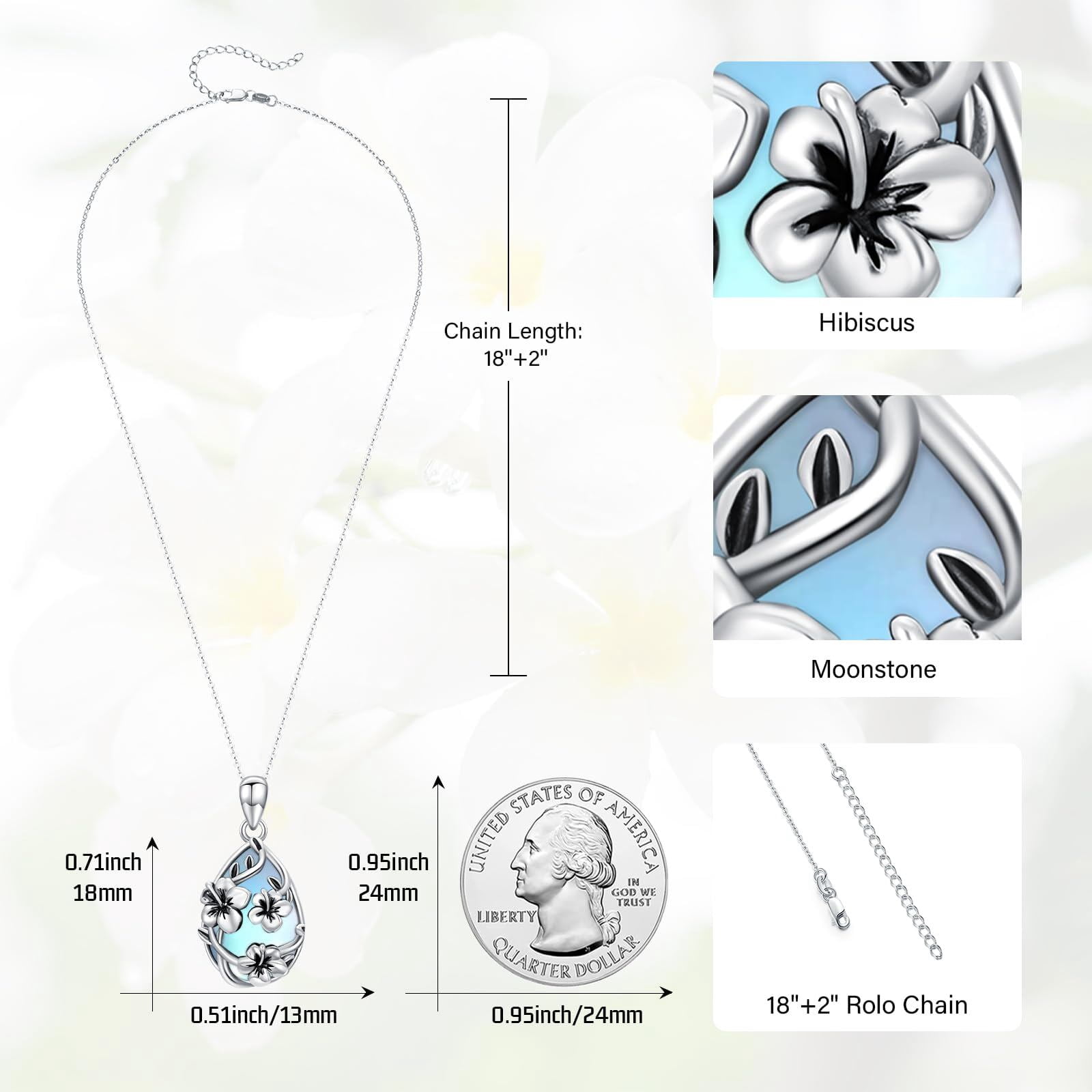 Coachuhhar Hibiscus Necklace 925 Sterling Silver Moonstone Hawaii Flower Pendant Necklace Hawaiian Jewelry Gifts Christmas for Women Mother Wife