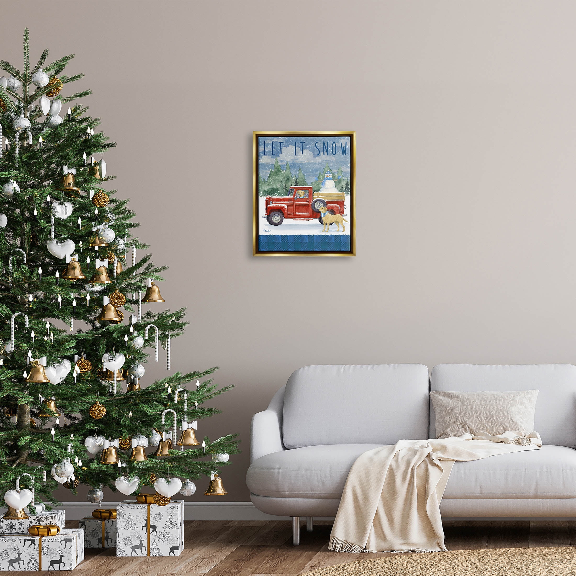 Stupell Industries Let It Snow Winter Dogs Graphic Art Metallic Gold Floating Framed Canvas Print Wall Art, Design by Paul Brent