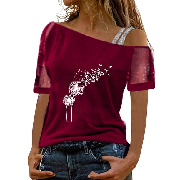 Gibobby Camisetas Mujer Baratas Manga Corta Mujeres Impreso Hombro Tops Sexy Glitter Camisa manga corta Blusa Tops(Vino,XL)