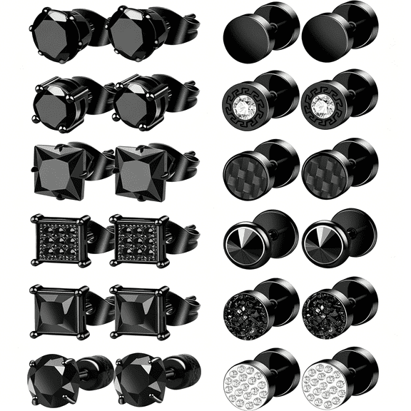 DESIGNICE 12 Pairs Black Earrings for Men Stainless Steel Mens Earrings Stud Hypoallergenic Square Cubic Zirconia Stud Earrings Set for Multiple Piercing
