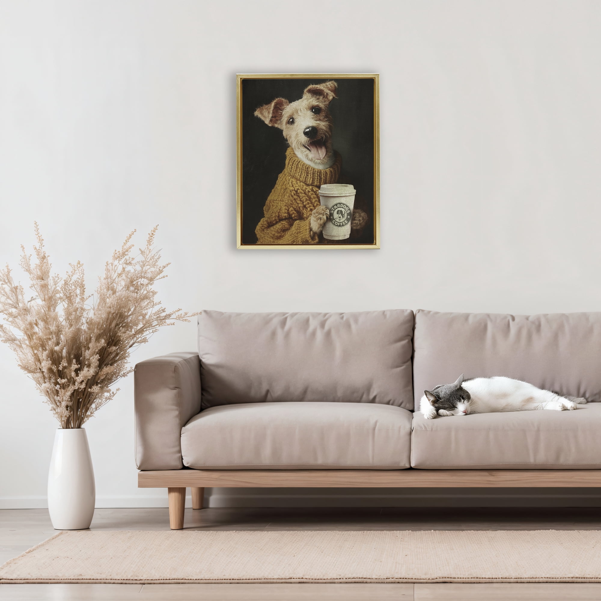 Stupell Industries Latte Lover Dog in Sweater Gold Framed Floater Canvas Wall Art, design by Svetlana Aleynikova