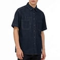 thumbnail image 2 of QQAMB Men Denim Shirts Plus Size Workwear Solid Color Short Sleeve Turndown Collar Blouse Shirts Dark Blue XL, 2 of 5