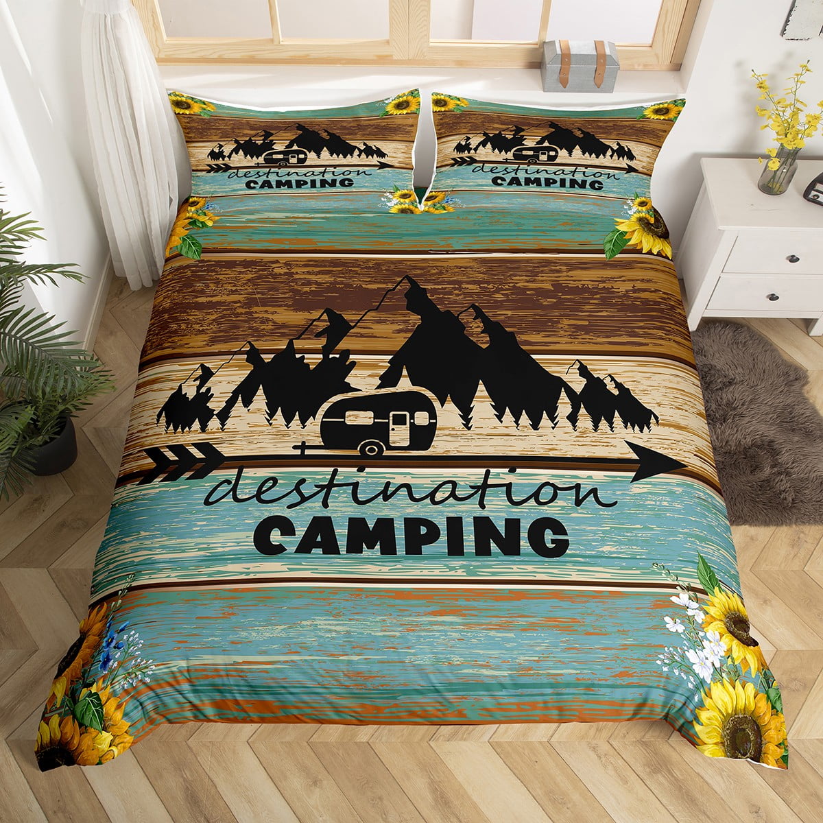 Happy Camping Bedding Rustic Camper Themed Duvet Cover 3 Pcs Farmhouse