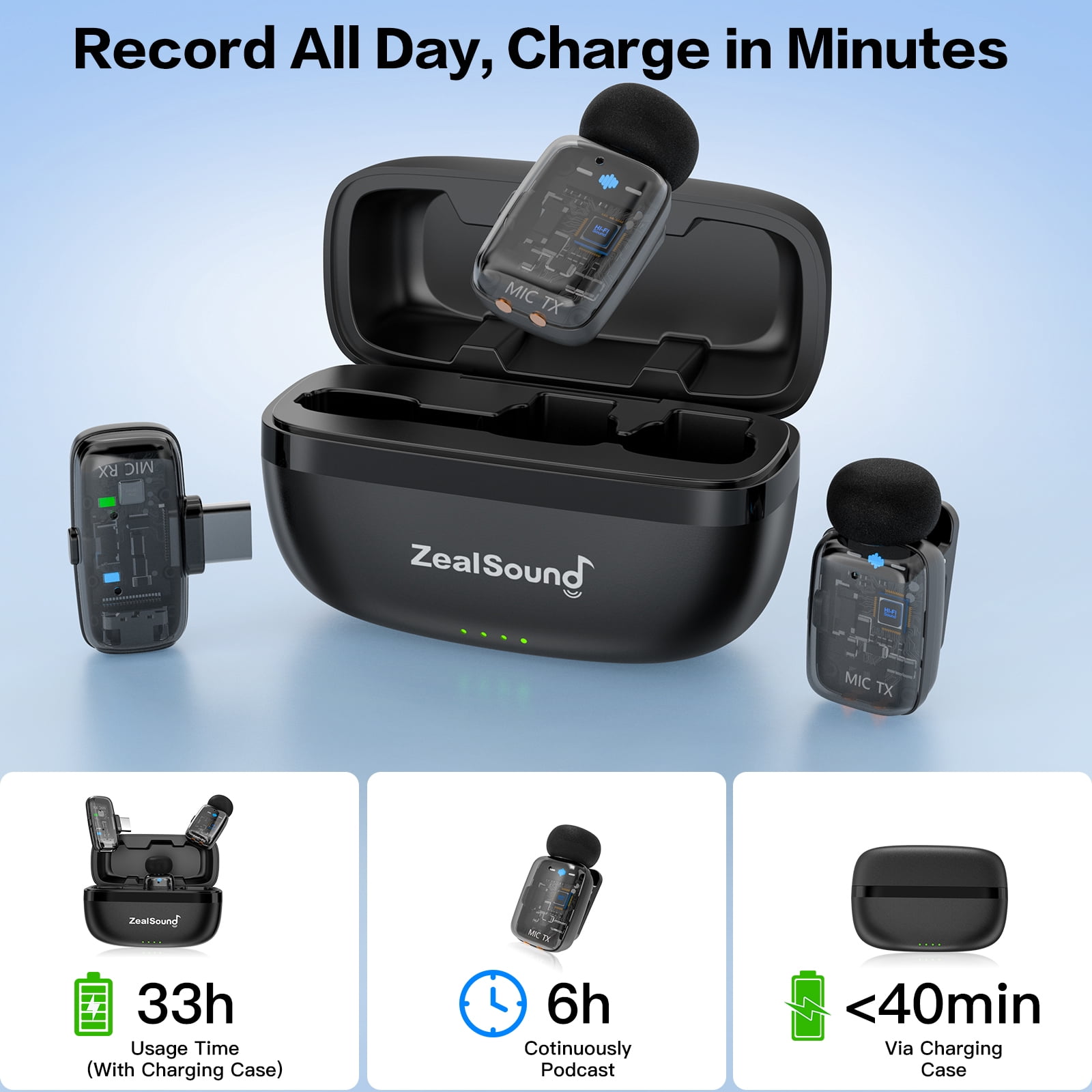 ZealSound Mini Wireless Lavalier Microphone for iPhone iPad Android Tablets PC, 2 Transmitters with Charging Case,Noise Reduction/33H Battery Life Lapel Mic for Podcast,YouTube Videos
