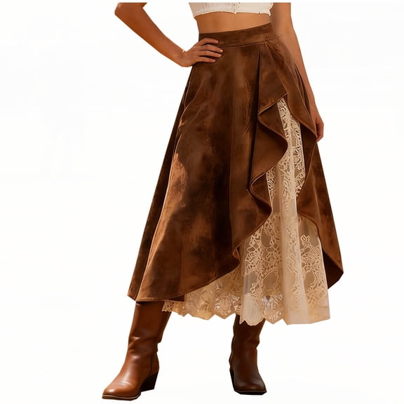 Jerdar Women's High Waist Skirt Asymmetrical Lace Ruffle Midi Skirt for Renaissance Cottagecore L