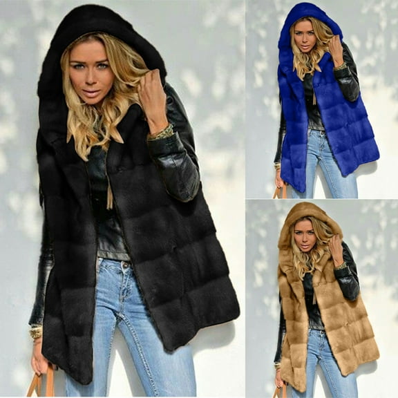 BiZtdJrK Womens Hooded Vest Coat Faux Fur Sleeveless Open Front Jackets Fuzzy Winter Warm Vests Fashion Outwear Brown S