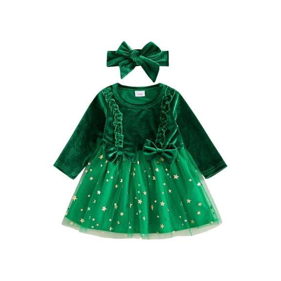 RUINIXCW Baby Girl Christmas Dress Star Print Long Sleeves Dress with Bow Headband