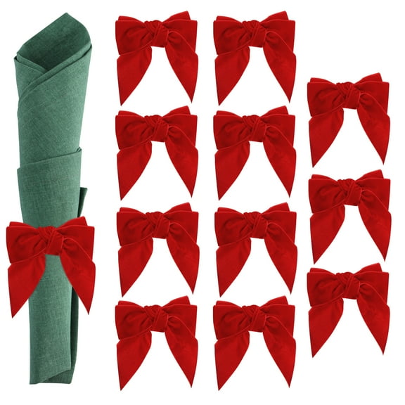 Uxcell Napkin Rings Bow, Velvet Napkin Holder for Holiday Table Decor Red