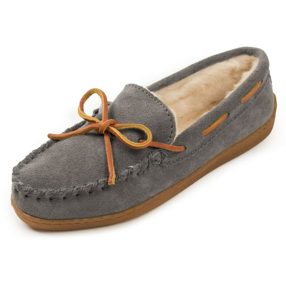 Minnetonka Women’s Hardsole Pile-Lined Moccasin Slippers, Charcoal, 9 M