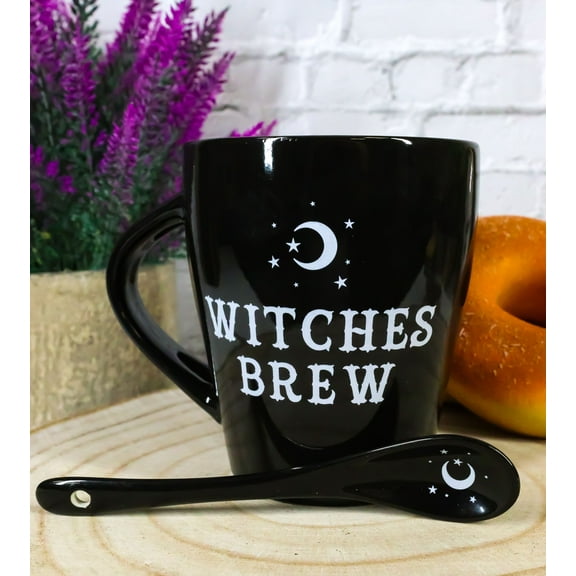Witchcraft Wicca Witches Brew Crescent Moon And Stars Coffee Mug And Spoon Set