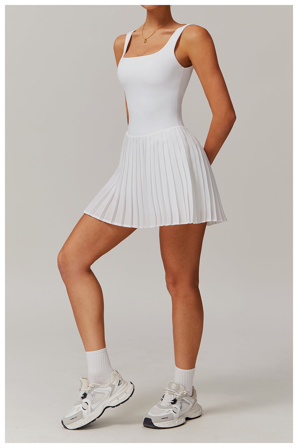 PISONIC Womens Tennis Golf Dress with Built-in Bra Shorts Backless Square Neck Pleated Hem Athletic Dresses with Pockets