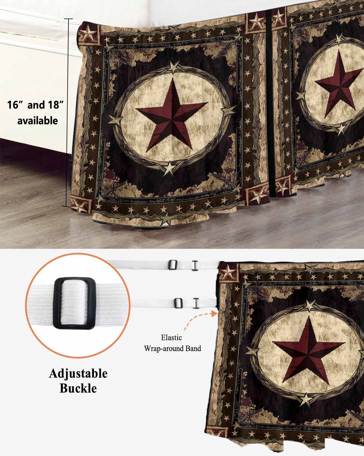 Texas Star Bed Skirt Western Retro Red Star Rustic Farmhouse Bed Skirts Queen Size 18 Inch Drop, Wrap Around Dust Ruffle&nbsp;Bedskirt with Adjustable Elastic Belt for Queen Size Beds