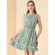 thumbnail image 3 of Mini vestido floral de gasa con volantes y cintura fruncida de una línea para mujer Verde M, 3 of 6