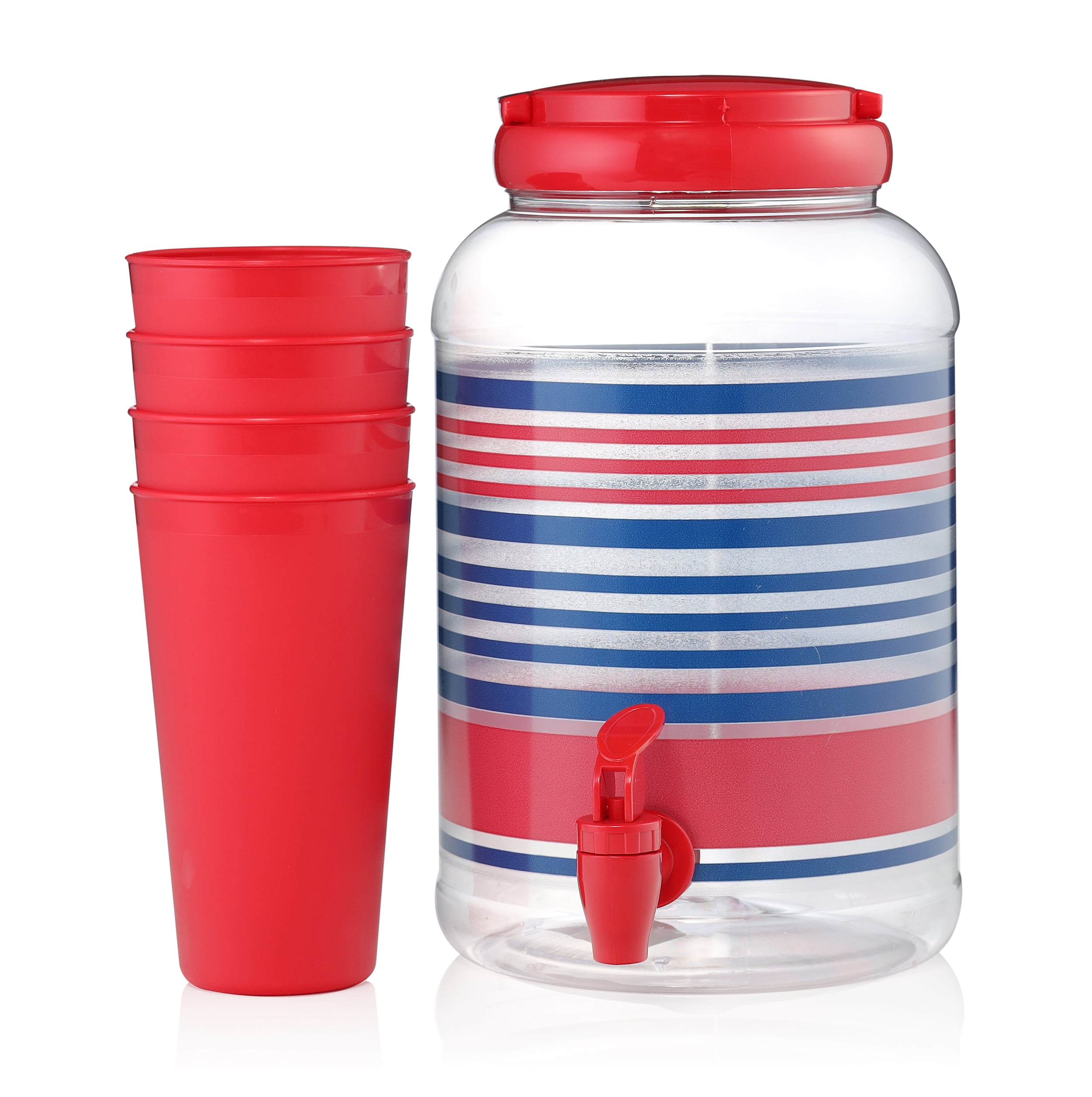 American Maid 1.25 Gallon Plastic 5 Piece Sun Tea Jar Set, Stripes (Red)