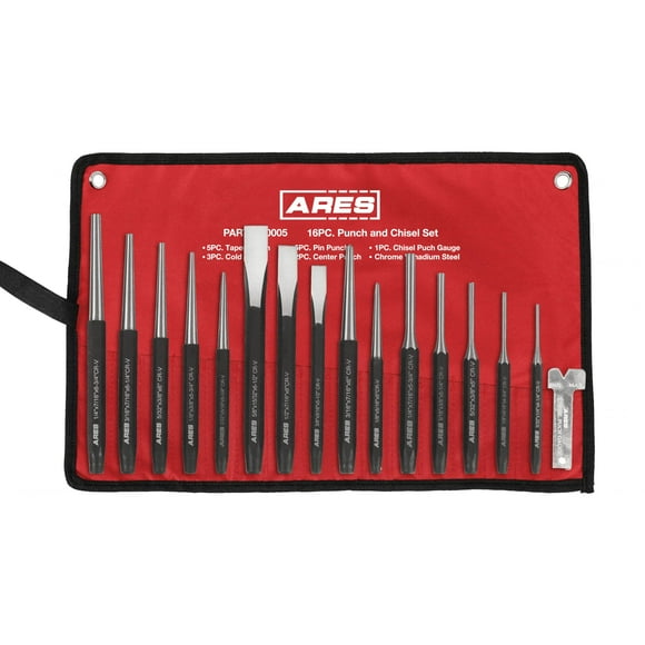 ARES 50005-16-Piece Punch and Chisel Set - Tapered, Pin, Center Punches & Cold Chisels for Various Applications