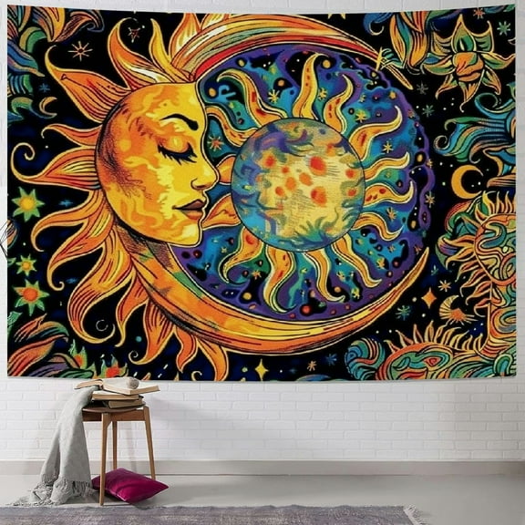 Creowell Sun and Moon Tapestry Psychedelic Mystic Floral Tapestry Hippie Boho Flower Plants Wall Tapestry Vintage Aesthetic Tapestry Wall Hanging for Bedroom 40x30inch