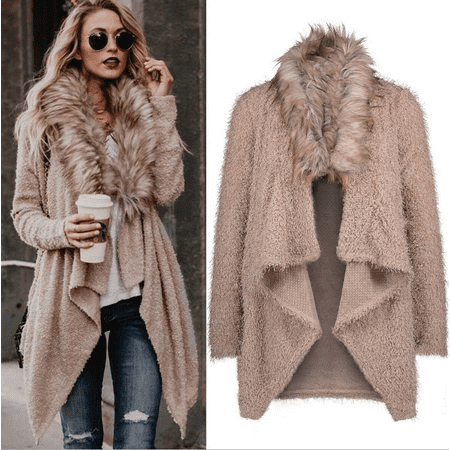 Womens Tops Casual Wool Cardigan Ladies Winter Warm Faux Fur Collar Outwear Sweater Long Sleeve Solid Coat