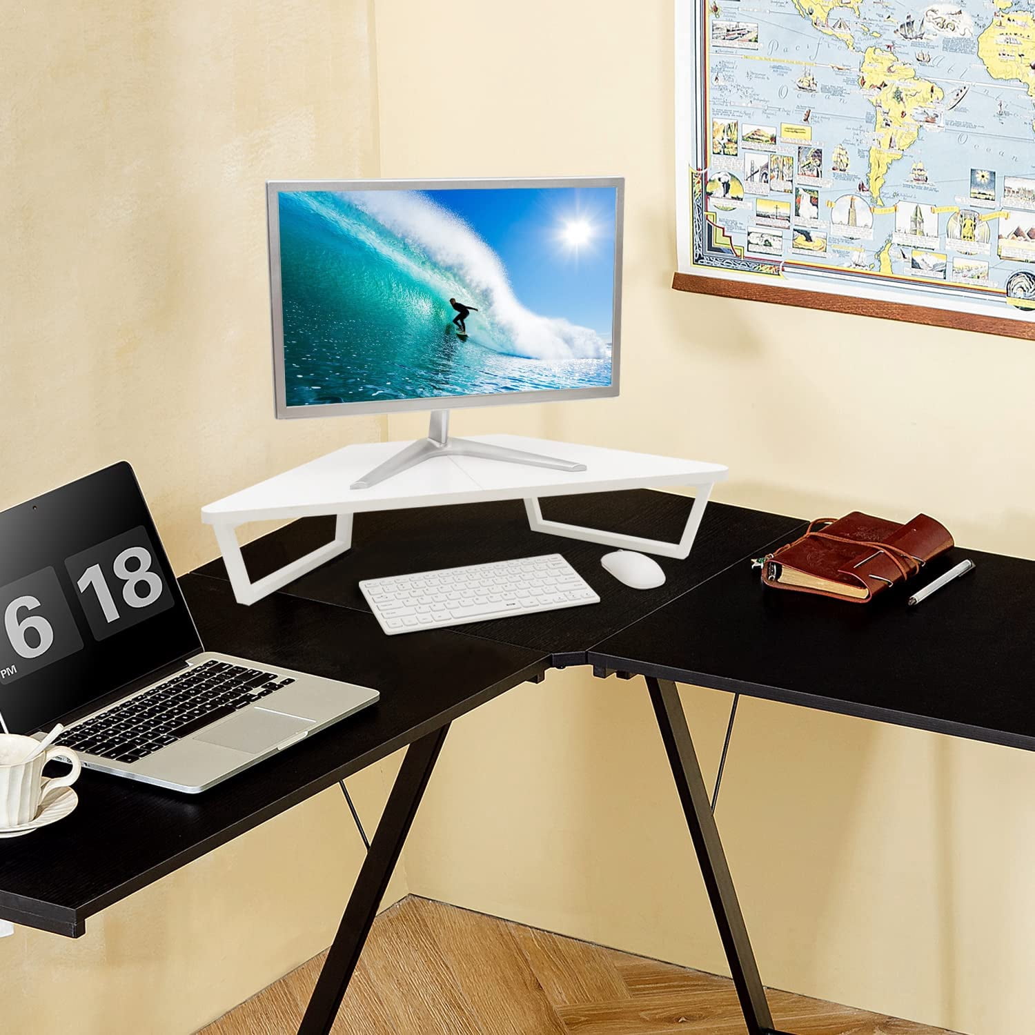 26 inch White Triangle Monitor Stand Riser, Desktop Corner Shelf with Metal Leg Wood Computer Stand with Storage Laptop Riser Office Organization