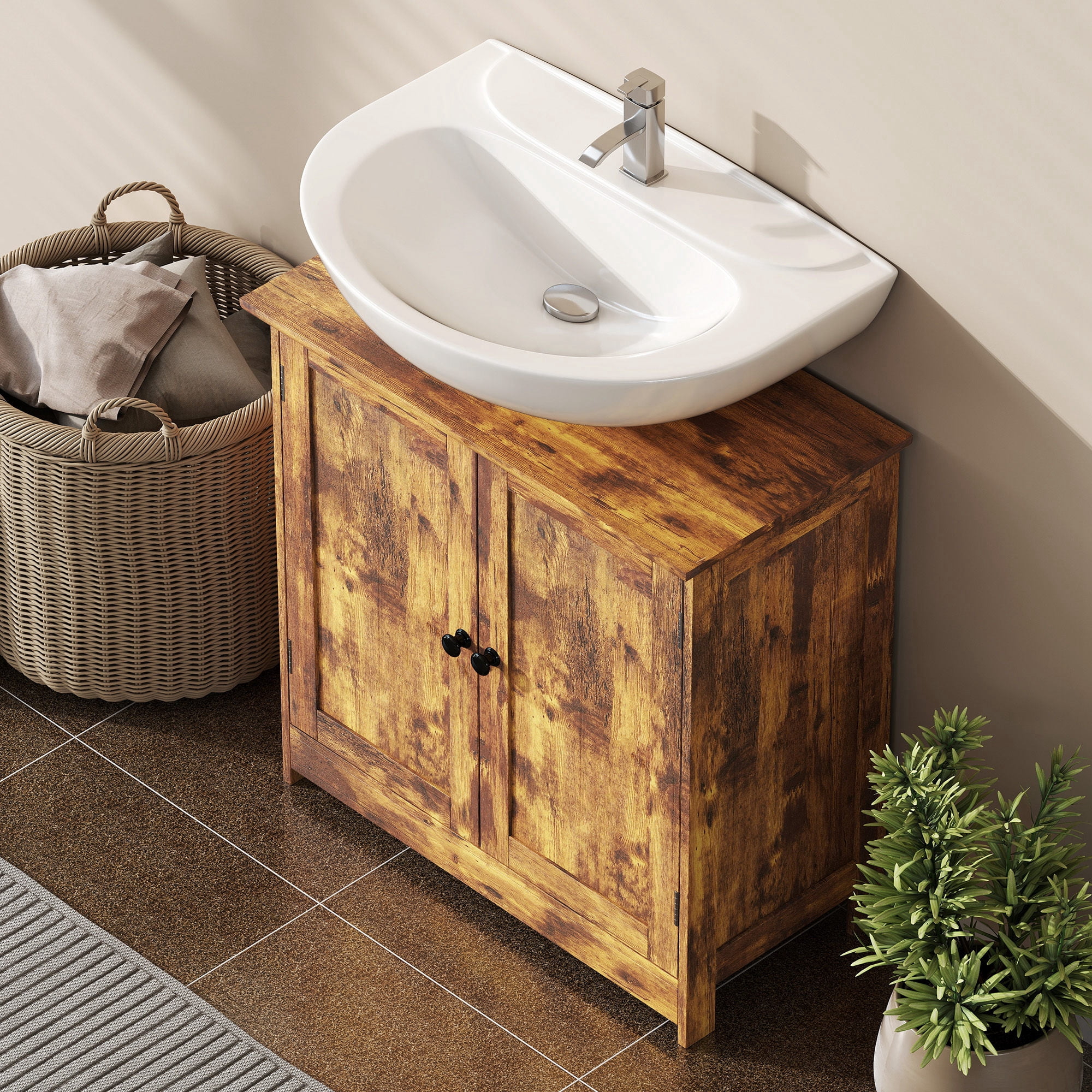 Bathroom Cabinet, Rustic Brown MDF Under Sink Vanity with Adjustable Shelf, 23.5 in L x 11.75 in W x 23.5 in H