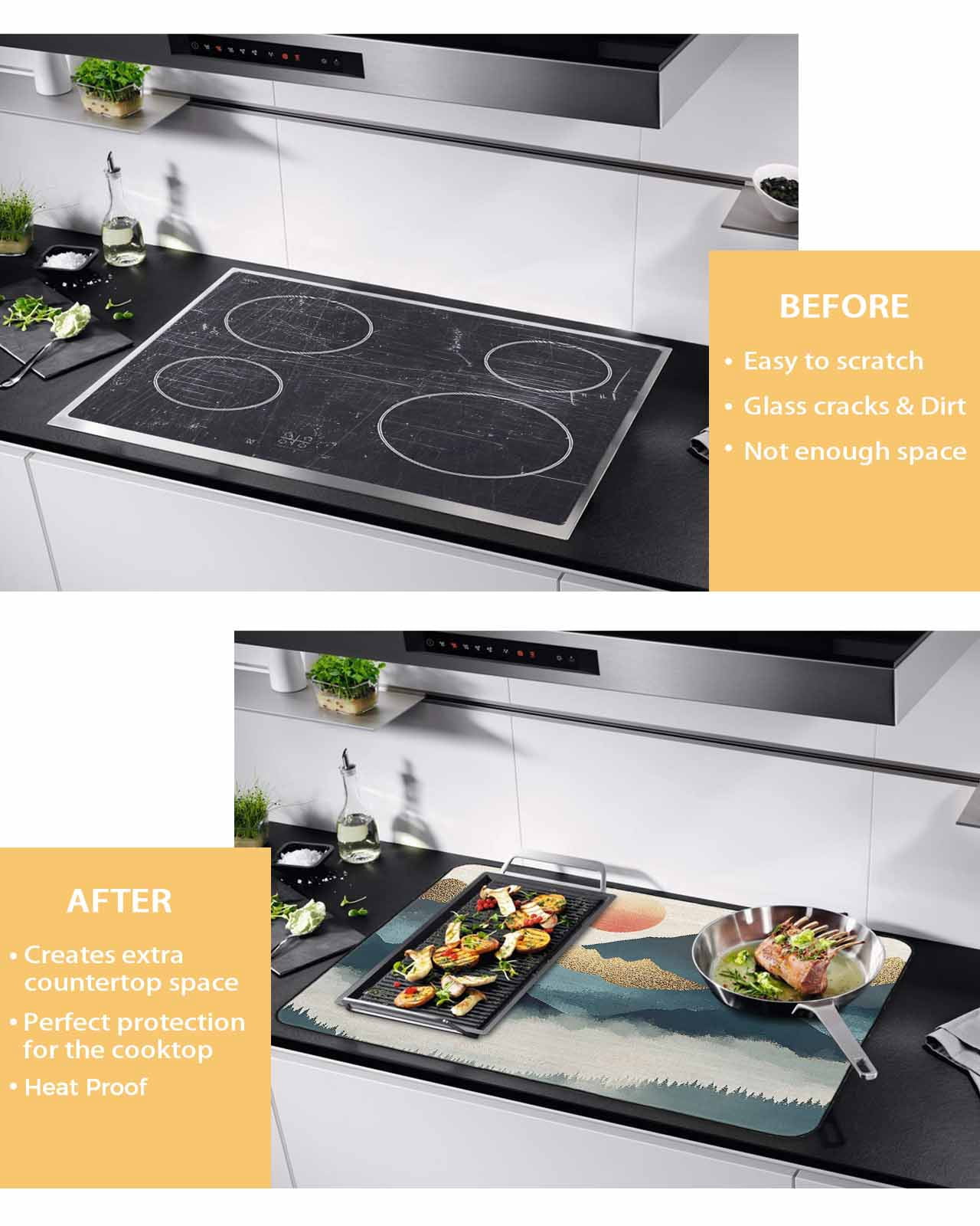 nqOlkjepod Large Induction Cooktop Protector Mat 24"x21", Teal Golden Mountain Stove Top Covers for Electric Stove, Tree Peaks Landscape Decorative Stove Burner Cover Mats, Glass Top Stove Cover