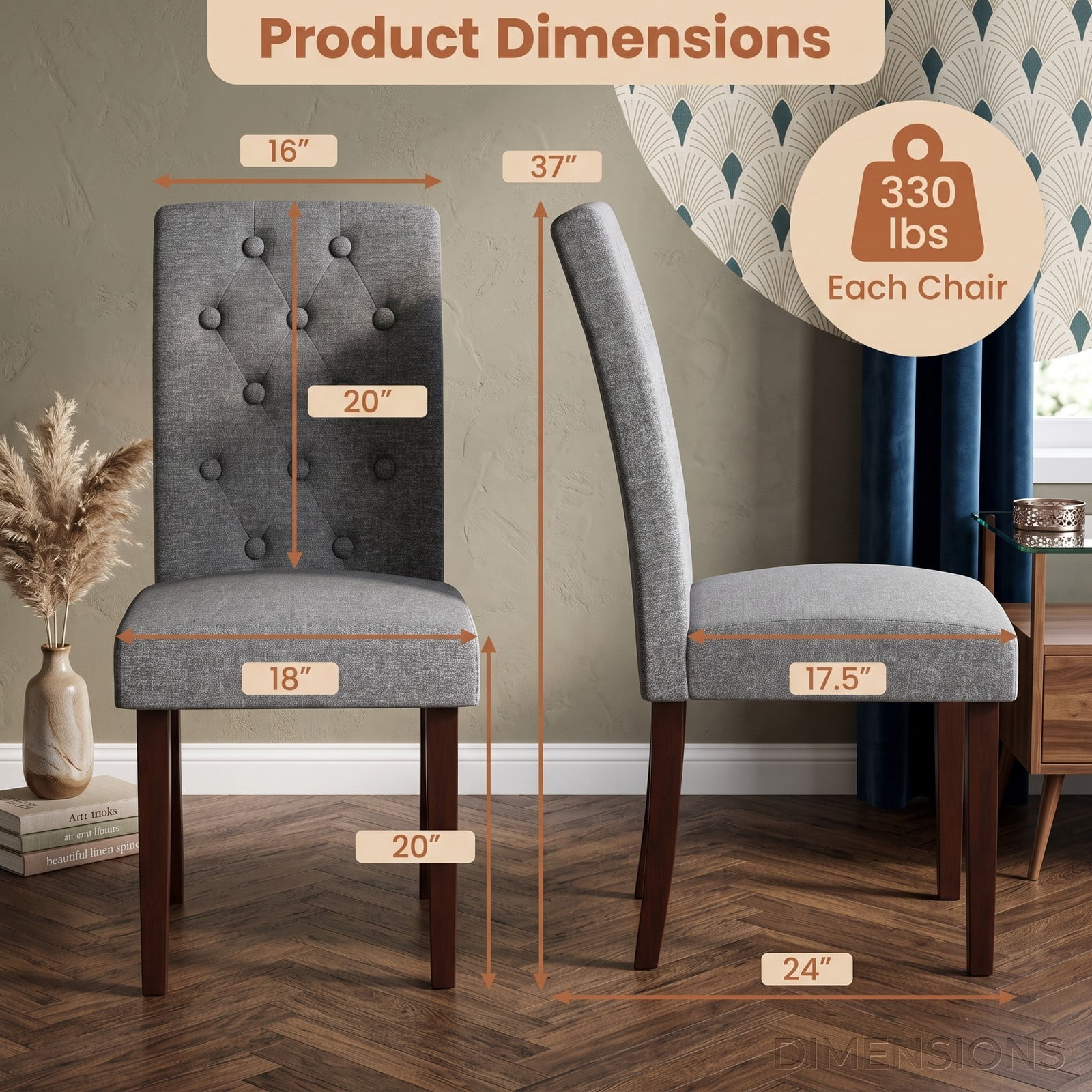 Furnibear Button Tufted Fabric Upholstered Dining Chair Set of 2, High Curved Back Accent Side Chairs with Rubber Wood Legs for Kitchen Living Room Reception, Gray