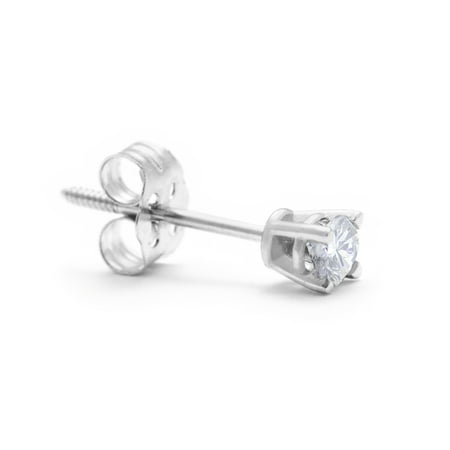 Diamond Single Earring - 1/10 Carat 10 Point Round Single Diamond Stud Earring In 14K White Gold