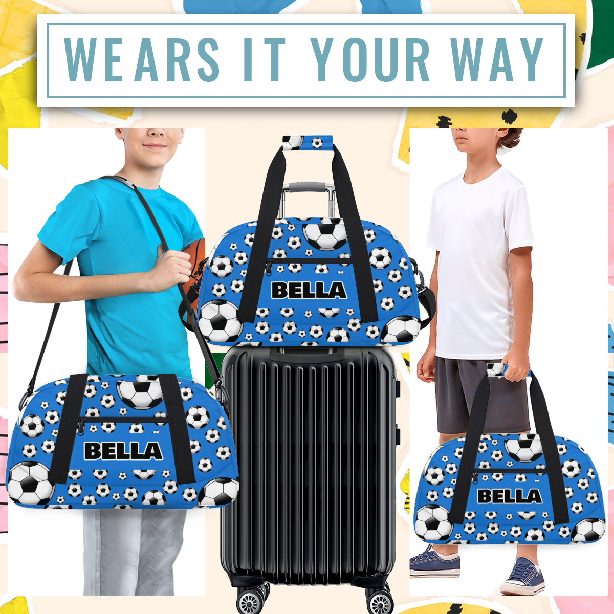 Herdesigns Personalized Soccer Gym Bag Sport Duffel Bag With Name, Custom Sport Bags Weekender Overnight Bags Carry On Weekender Bag Travel Bags, Blue