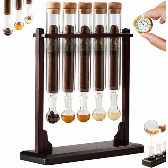 Yippzo Cigar Flavor Injector Humidifier, Clear Cigar Infuser Glass Tube Kit with Handmade Wooden Base, Airtight Cap Aromatherapy Display Rack for Cigars Lovers and Enthusiasts
