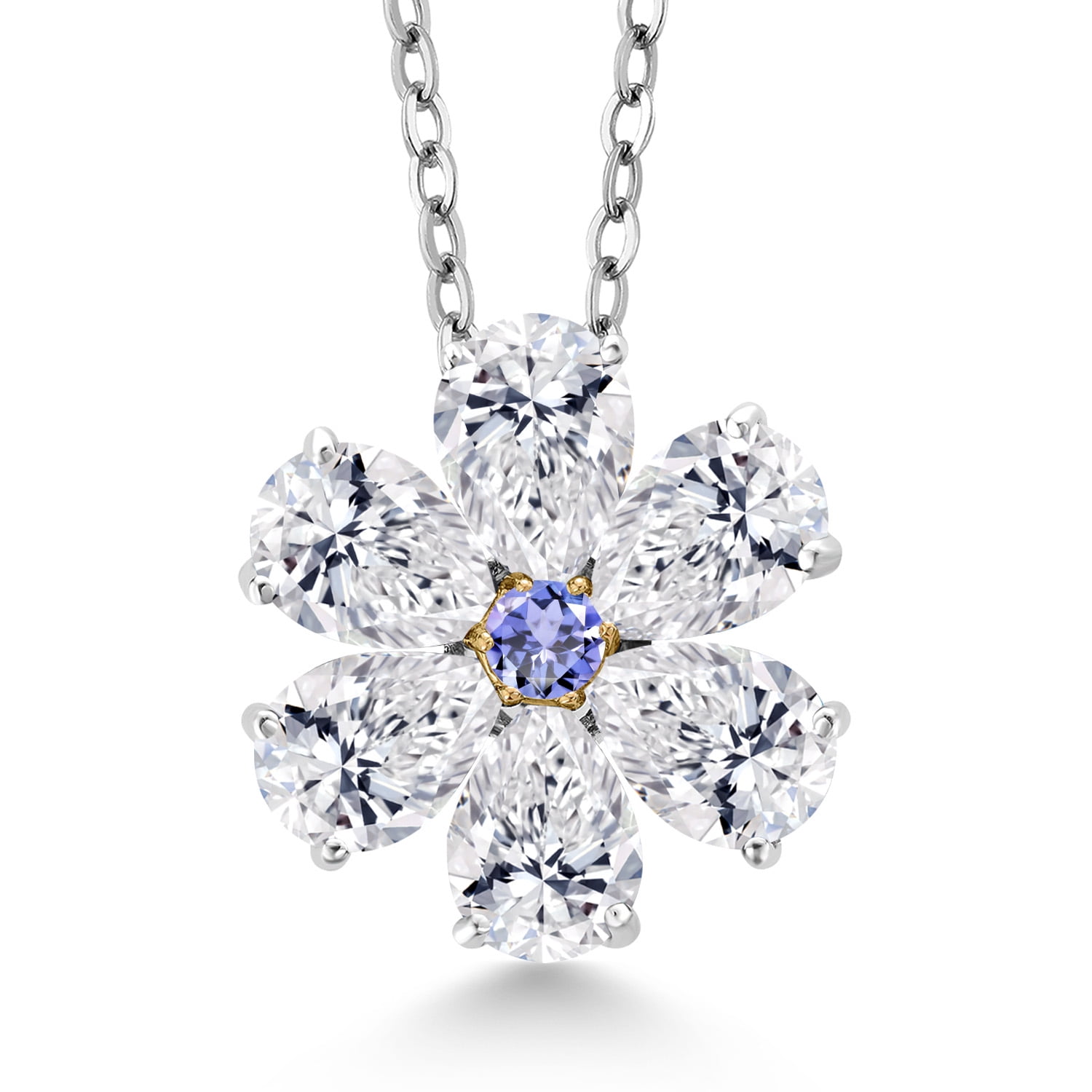 Gem Stone King 925 Silver and 10K Yellow Gold Lab Grown Diamond and Blue Tanzanite Pendant Necklace for Women | 2.18 Cttw | Gemstone April Birthstone | Pear Shape 6X4MM | With 18 inch Chain