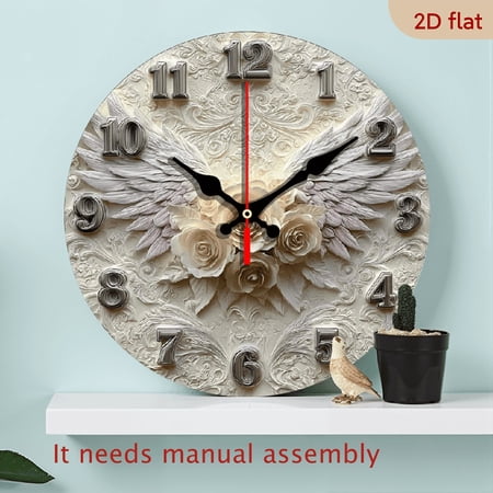 2D Flat 1pc 10Inch Elegant Angel Wing Wooden Wall Clock - Large Easy-to-Read Black Hands, Japanese Quartz Movement, Minimalist Modern Round Clock for Living Room, Bedroom, Kitchen, Office - Home