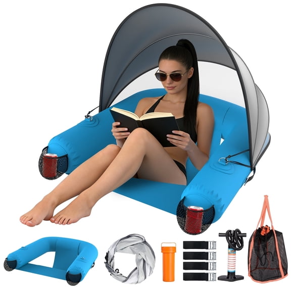 Pool Floats Chair with Canopy UPF50 ,Extra Large Pool Floats with Adjustable Sun Shade Cover,2 Drink Holders, Deepened Seat,Adult Inflatable Pool Float for Swimming Pool,Beach,Blue