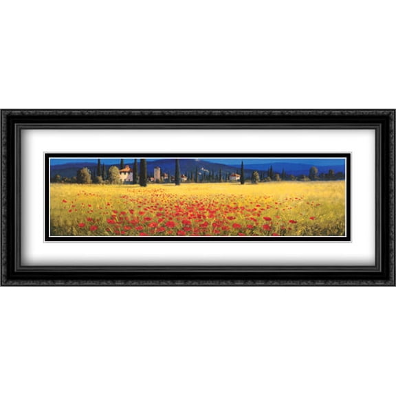 Tuscan Panorama - Poppies 2x Matted 40x16 Large Black Ornate Framed Art Print by David Short