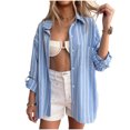 thumbnail image 2 of AUNVITO Women's Loose Fit Collar Striped Shirt Top Casual Commuting Long Sleeve Jacket with Chest Pocket, 2 of 7