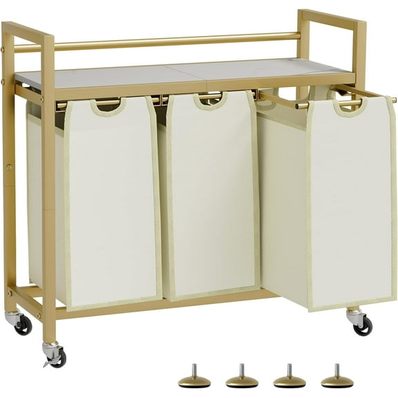 Laundry Hamper, Laundry Basket, Laundry Sorter with 3 Removable Bags, Clothes Basket with 3 Compartments, Wheels, Shelf for Laundry Room Bathroom Bedroom (3 Bags-Golden)