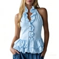 thumbnail image 4 of Craaazy Boho Tops for Women Sleeveless Halter Neck Solid Color Ruffle Trim Button Down Shirts for Everyday, 4 of 7