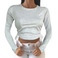 thumbnail image 1 of Gibobby Camisa&nbsp;Vaquera Camiseta umbilical corta de manga larga con cuello redondo y cordón Camiseta de mujer de color sólido a la moda（Gris， L), 1 of 3