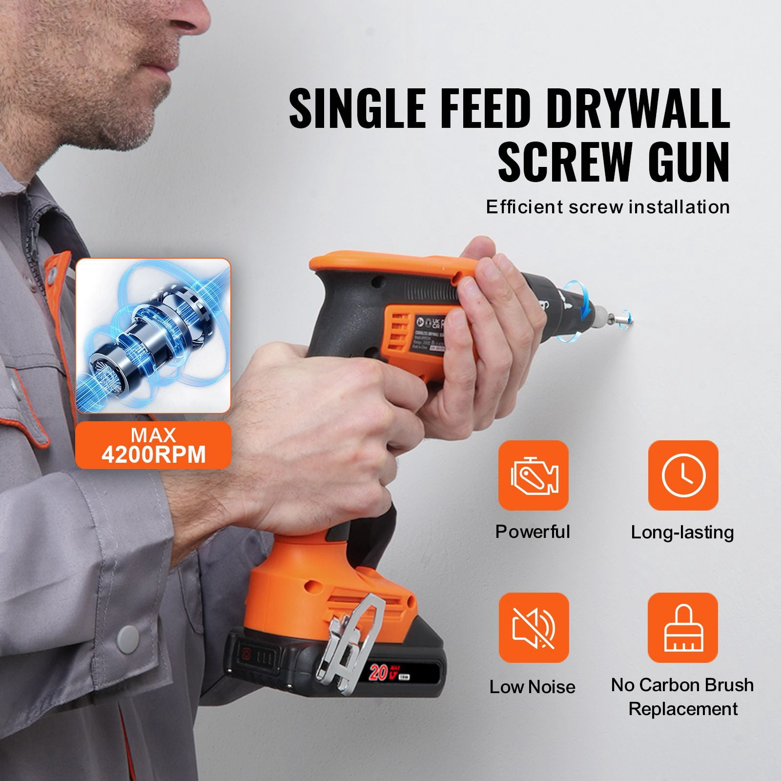 Cordless Drywall Screw Gun with Brushless Motor 4200 RPM, 2 x 2AH Batteries, 3-Mode Adjustment, LED Light, for Drywall Installation
