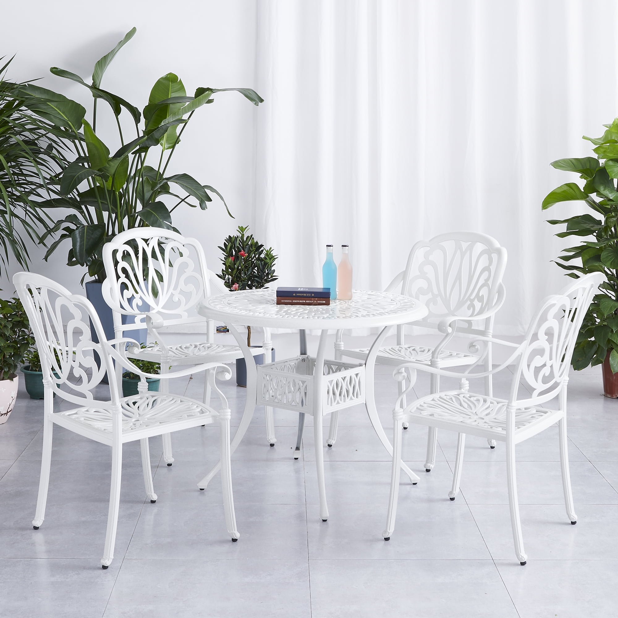 Kadyn 5PCS Outdoor Furniture Dining Table Set, All-Weather Cast Aluminum Patio Furniturev with 1 Round Table, 4 Chairs and Umbrella Hole, Outside Patio Table and Chairs for Patio Garden Deck, White Kadyn 5PCS Outdoor Furniture Dining Table Set, All-Weather Cast Aluminum Patio Furniturev with 1 Round Table, 4 Chairs and Umbrella Hole, Outside Patio Table and Chairs for Patio Garden Deck, White