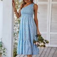 thumbnail image 2 of Vestido de verano con estampado floral para mujer, informal, con dobladillo empalmado, sin mangas, con un hombro fruncido, para citas, azul，S, 2 of 5