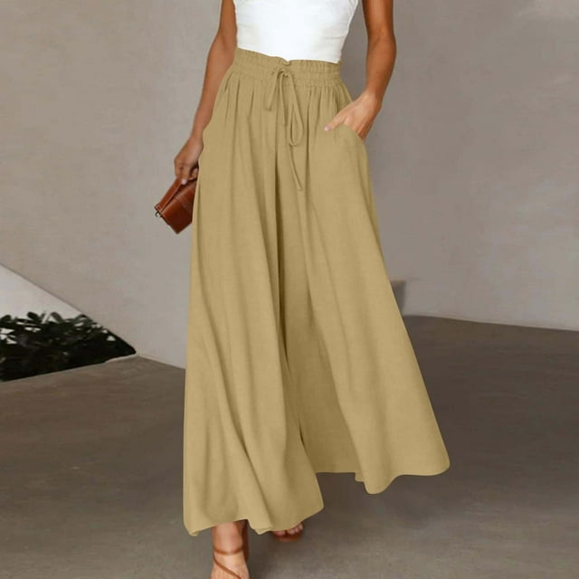 ICHUANYI Clearance Womens Fashion Summer Casual Drawstring Pocket Elastic Waist Long Wide Leg Pants(Khaki, XXL) ICHUANYI WER2023080814808