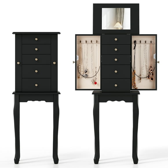 Gymax Mirrored Armoire Jewelry Cabinet with Flip-Type Mirror and 4 Drawers, Black