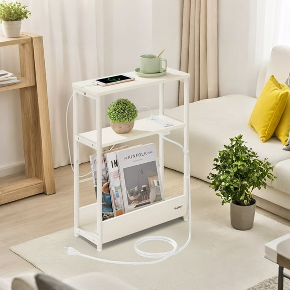 LEDREM 3-Tier Side Table with Charging Station, Narrow End Table with AC Outlet & USB Ports, 22.8 Inch Sofa Table for Small Spaces, Cream White