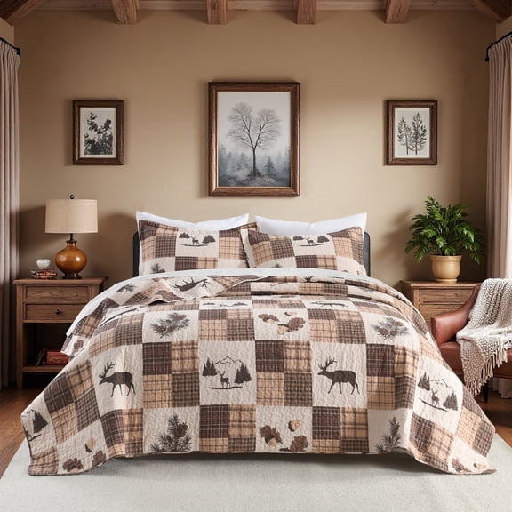 Quilt Set Queen Size - Patchwork 100% Cotton Plaid Bedding Set Brown - Deer Theme Lightweight Bedspread for Queen Bed - 3 Pieces for All Season