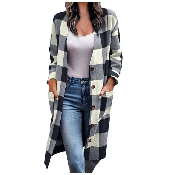 Hfyihgf Women's Shacket Jacket Long Sleeve Button Down Plaid Long Shirt Cardigan Coat Casual Outwear with Pockets Black XXL