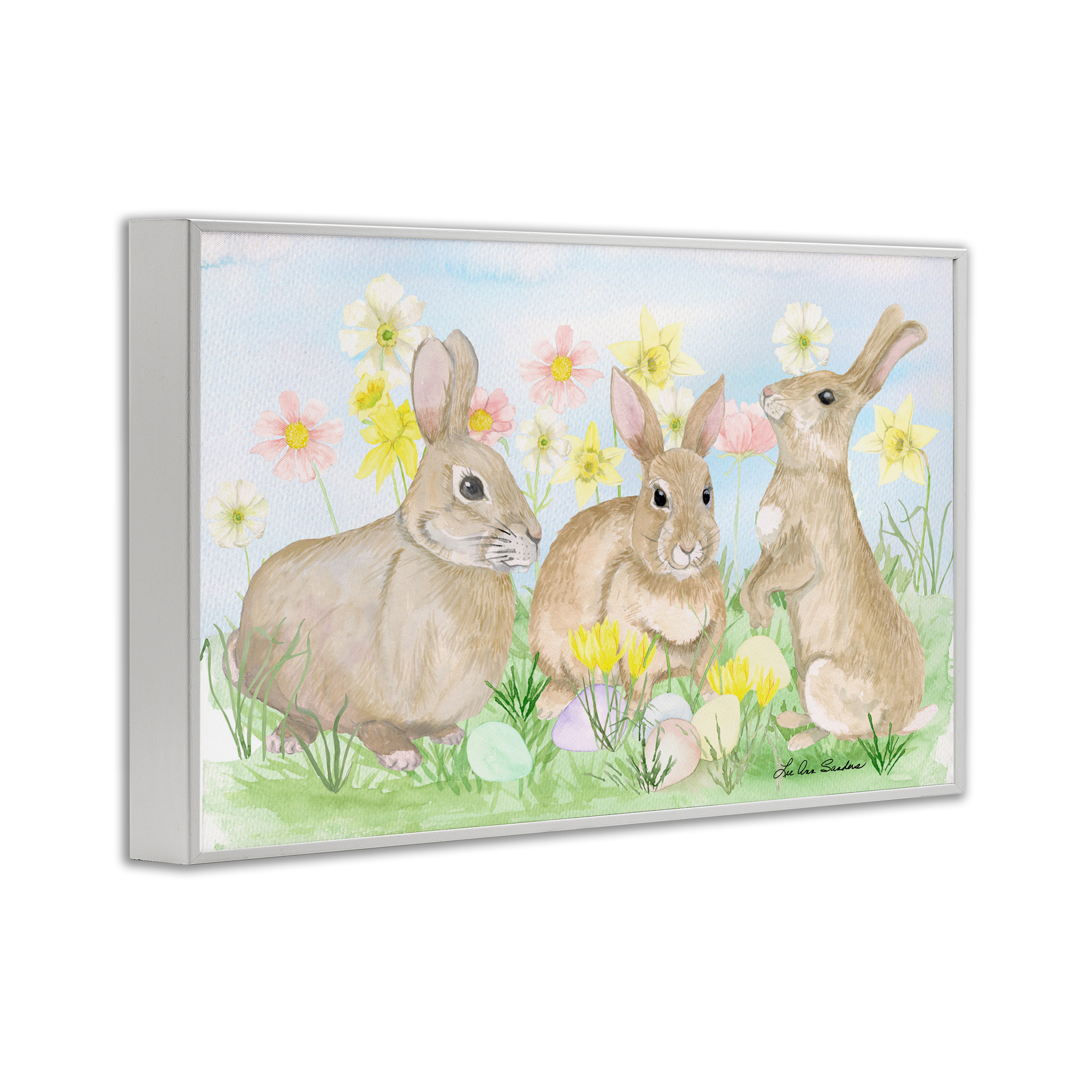 Three Bunnies In The Grass White Framed Giclee Art, design by Lee Ann Sanders