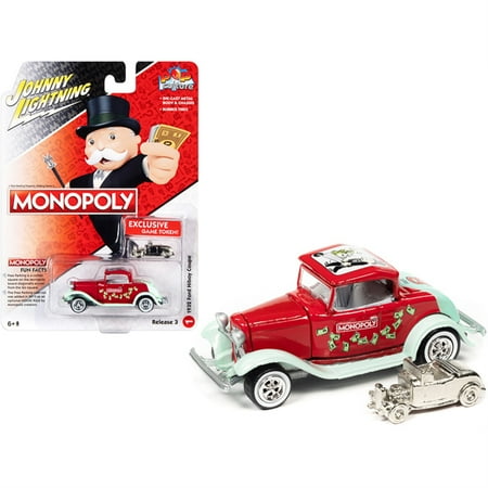1932 Ford Hi-Boy Coupe  Free Parking  Red and Light Green with Game Token  Monopoly   Pop Culture  Series 3 1/64 Diecast Model Car by Johnny Lightning