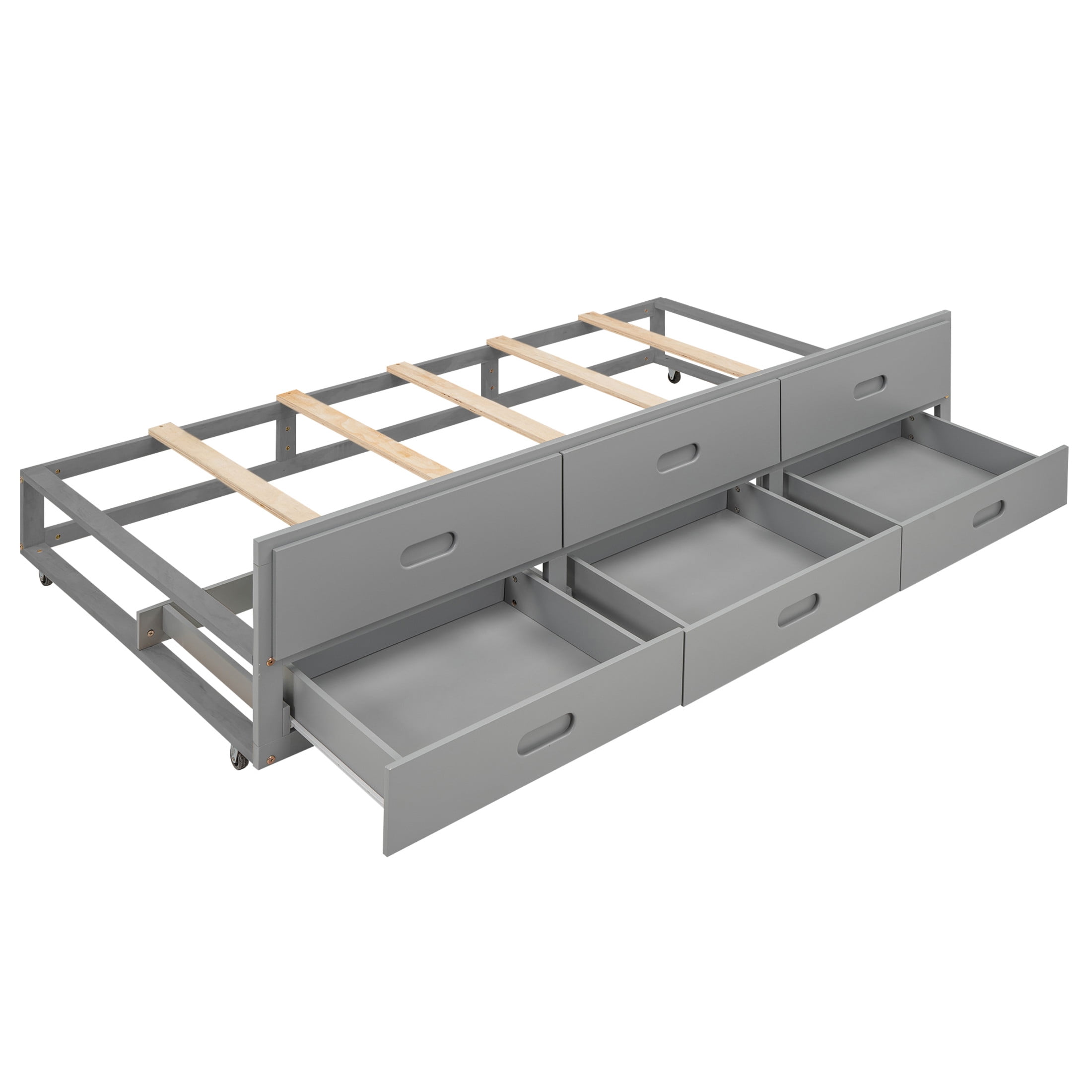 Noble House Nerissa Full Platform Bed with Bookcase Headboard, USB Ports, Extra Trundle and Storage Drawers, Gray