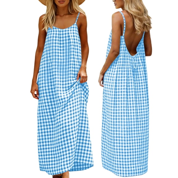 Hurxie Womens Flowy Maxi Dress Sleeveless Summer Sundresses Adjustable Straps Long Beach Sun Dresses with Pockets Sky Blue,3XL
